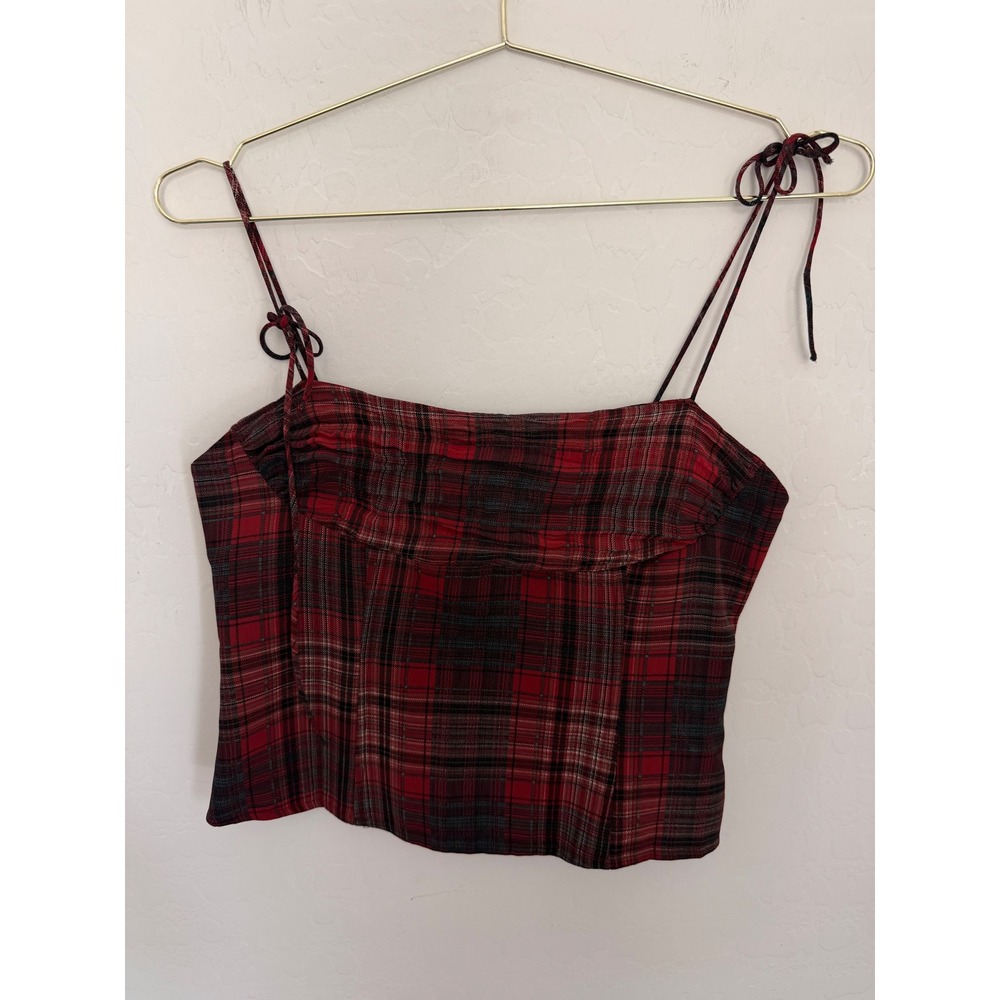 Lioness Red Plaid Corset Tie Shoulder Straps Cropped Goth Grunge Cami Sz M NWT